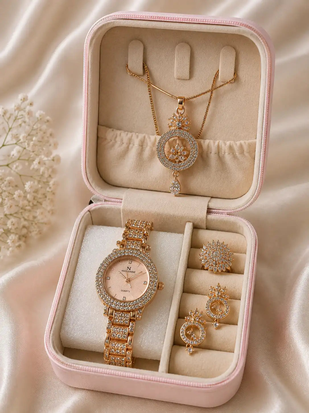 Rose Gold Crystal Ladies Watch & Jewellery Gift Set