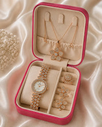 Rose Gold Floral Crystal Watch & Jewellery Gift Set