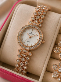 Rose Gold Floral Crystal Watch & Jewellery Gift Set