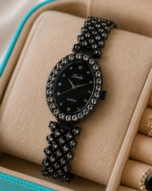 Black Crystal Ladies Watch & Jewellery Gift Set