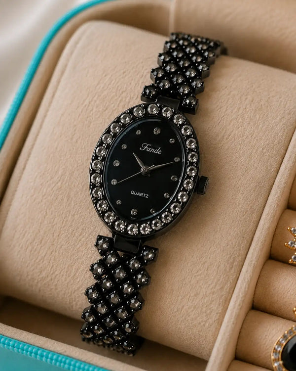 Black Crystal Ladies Watch & Jewellery Gift Set