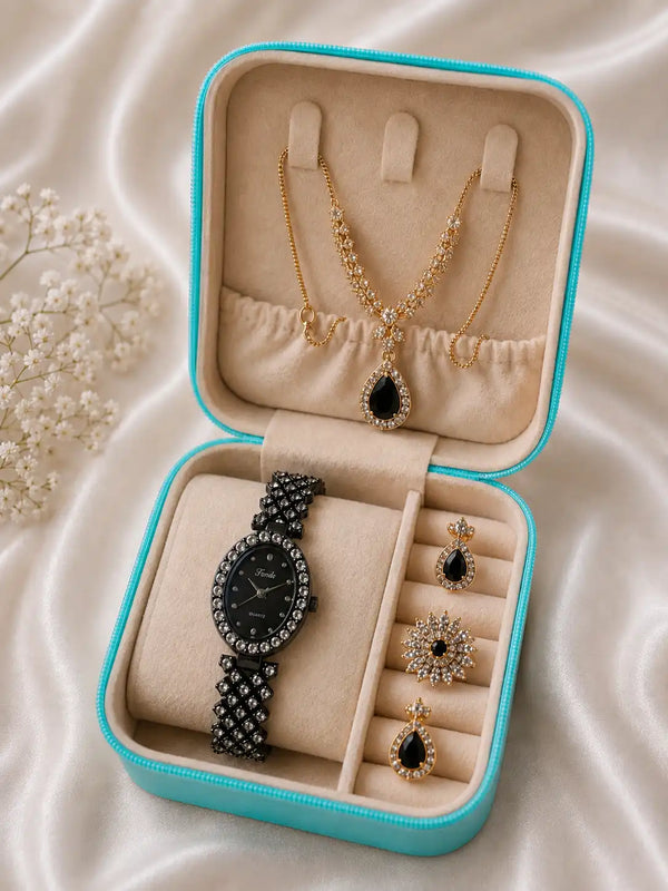 Black Crystal Ladies Watch & Jewellery Gift Set