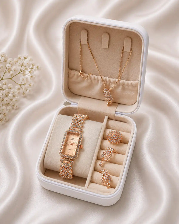 Rose Gold Crystal Watch & Jewellery Gift Set
