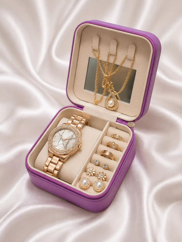 Luxury Women's Jewelry Gift Set with Watch, Necklace, Earrings, Rings & Travel Jewelry Box