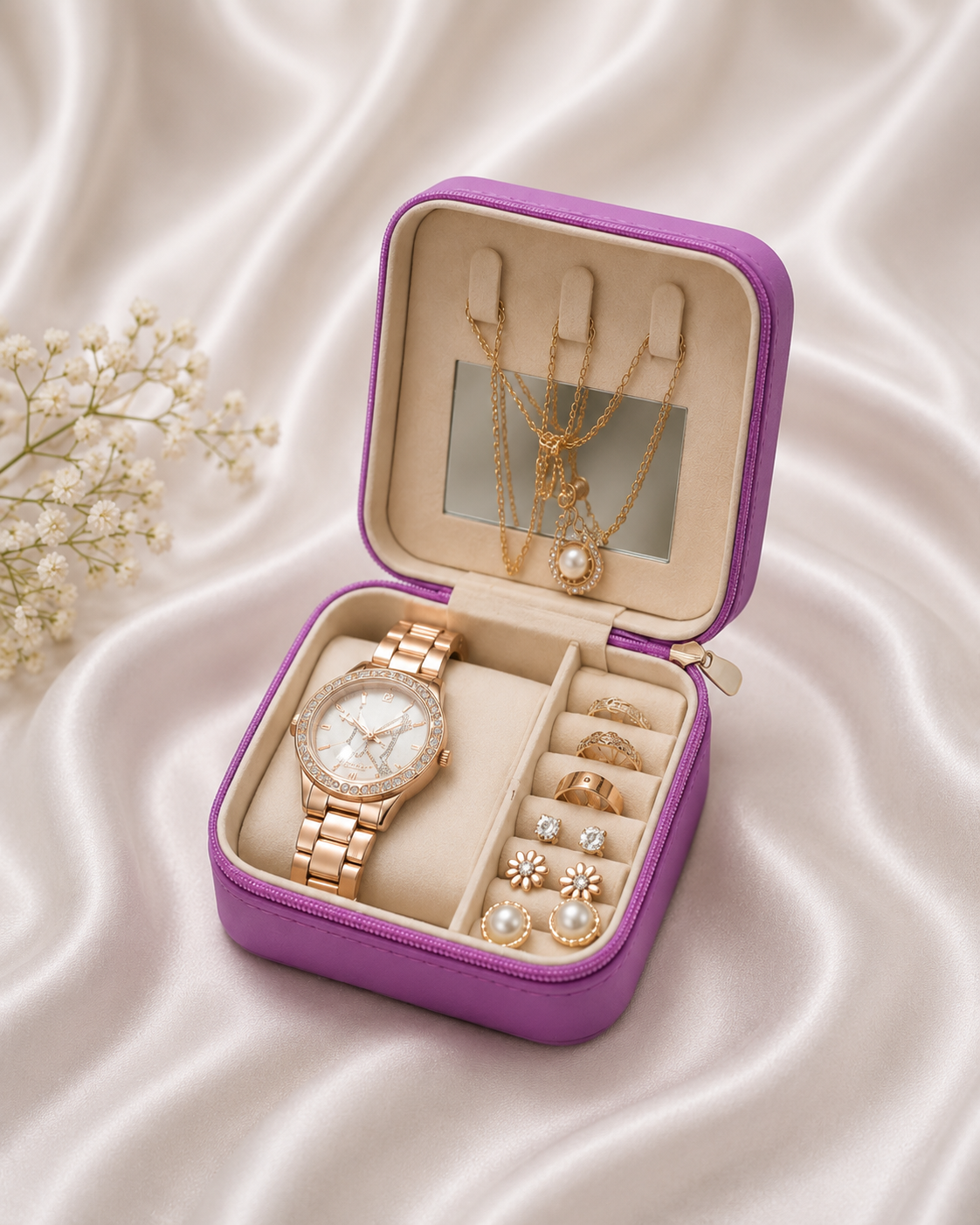 Luxury Women's Jewelry Gift Set with Watch, Necklace, Earrings, Rings & Travel Jewelry Box