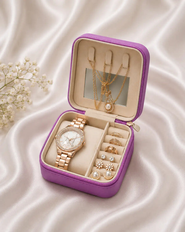 Luxury Women's Jewelry Gift Set with Watch, Necklace, Earrings, Rings & Travel Jewelry Box