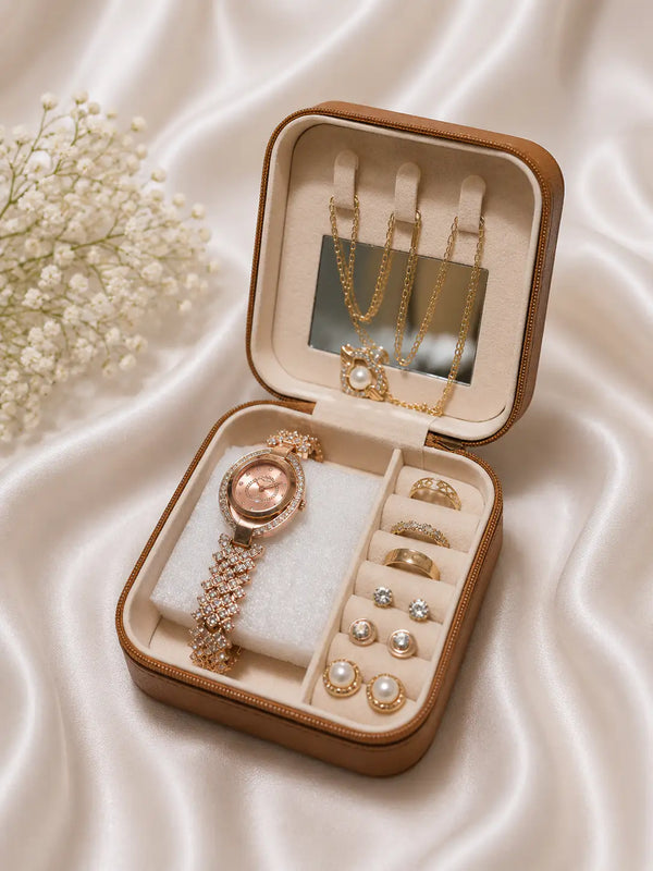 Luxury Women's 7-in-1 Jewelry Gift Set with Watch, Necklace, Rings, Earrings & Storage Box